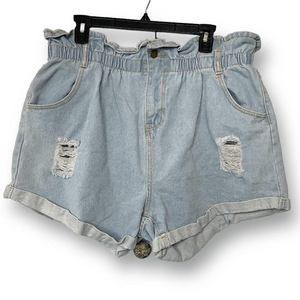 SHEIN Women's Distressed Rolled‎ Bottom Hem Light Denim Paperbag Shorts Size 2XL
